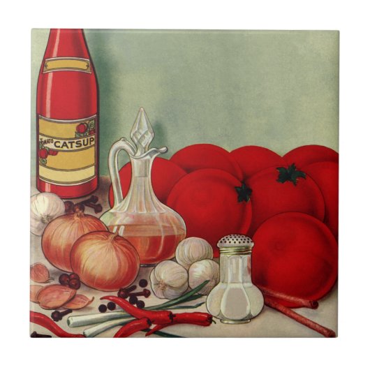 ヴィンテージ イタリア料理 トマト 玉ねぎ ピーマン ケチャップ タイル (正面)