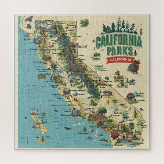 ヴィンテージ イラスト付き カリフォルニア州立公園 マップ アート ジグソーパズル (縦)