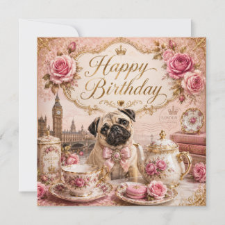ヴィンテージ イングリッシュ パグ ゴールデン 誕生日カード シーズンカード
