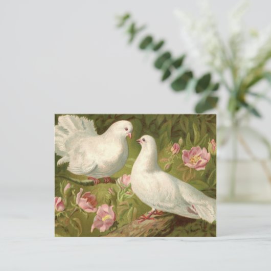 ヴィンテージ イースターの2羽の鳩とピンクのバラ ポストカード (スタンド正面)