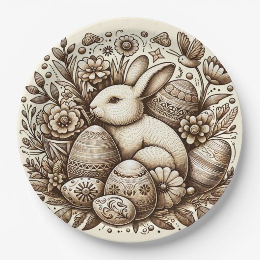 ヴィンテージ イースターバニー 花と卵 1歳の誕生日 ペーパープレート (正面)