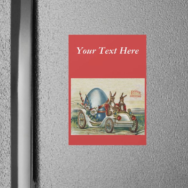 ヴィンテージ イースター うさぎ 花 車 たまご (Two Easter rabbits big blue egg driving vintage car on red Happy Easter fridge magnet.)