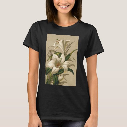 ヴィンテージ イースター リリー、ヴィクトリア朝の花開く Tシャツ (正面)