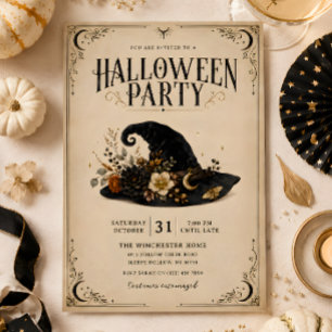 ヴィンテージ・ウィッチハット フォークハロウィンパーティー招待状 招待状