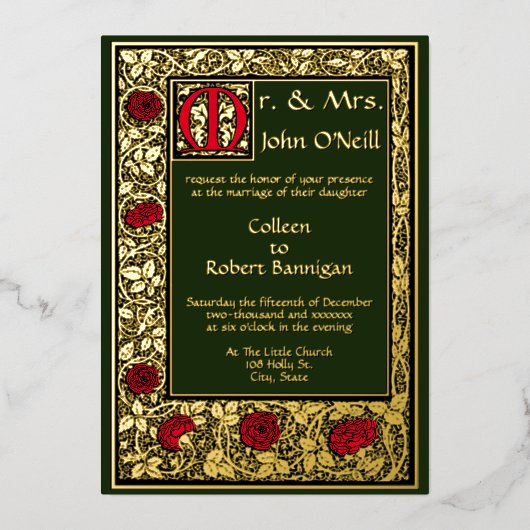 ヴィンテージ ウィリアム モリス ケルムスコット プレス フローラル ローズ 箔招待状 (正面)