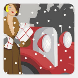 ヴィンテージ ウィンターファッションイラスト 1920年代エレガンス スクエアシール