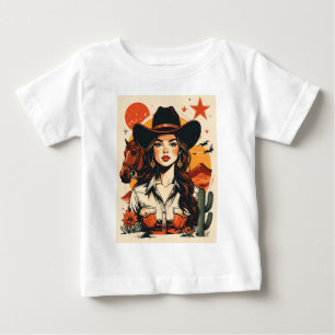 ヴィンテージ ウェスタンカウガール サンセット イラスト ベビーTシャツ