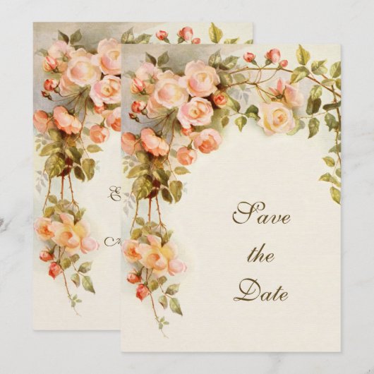 ヴィンテージ ウェディング、ピンクのバラの花、結婚式の日程のお知らせ セーブザデート (正面/裏面)