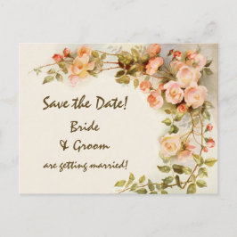 ヴィンテージ ウェディング, ピンクのバラの花, Save the Date 案内ポストカード