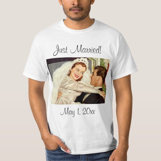 ヴィンテージ ウェディング 新婚夫婦、幸せな花嫁と花婿 Tシャツ (正面)
