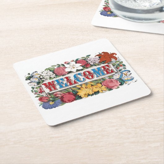 ヴィンテージ ウェルカム フラワーズ ハウスウォーミング パーティー スクエアペーパーコースター (アングル)