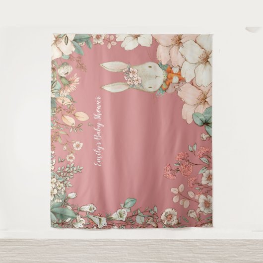 ヴィンテージ ウサギ ベイビー シャワー 背景 ピンクの風景 タペストリー (正面)