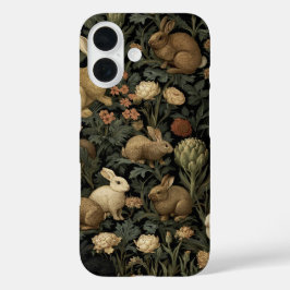 ヴィンテージ・ウッドランド・ラビット柄 ダークボタニカル iPhone 16ケース