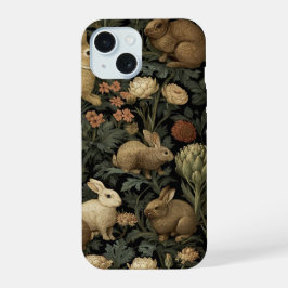 ヴィンテージ・ウッドランド・ラビット柄 ダークボタニカル iPhone 15ケース