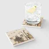 ヴィンテージ・ウッド・スキーのセピア写真を使った女性スキーヤー ストーンコースター (横)