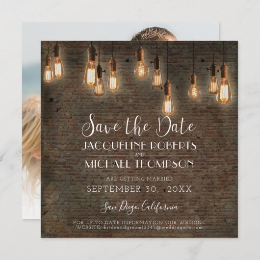 ヴィンテージ・エジソンライトが照らすインダストリアル倉庫のレンガ セーブザデート (正面/裏面)