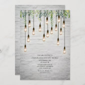 ヴィンテージ・エジソン電球のホワイトブリック・ボタニカルパーティー 招待状 (正面/裏面)