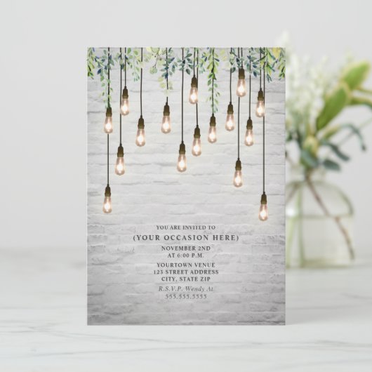 ヴィンテージ・エジソン電球の白レンガボタニカルパーティ 招待状 (スタンド正面)