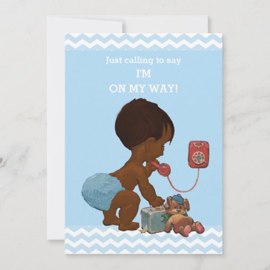 ヴィンテージ エスニック ボーイ オン フォン ベイビー シャワー シェブロン 招待状 (正面)