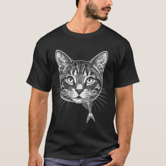 ヴィンテージ エッチング 猫の頭部 魚の骨のスケルトン Tシャツ