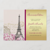 ヴィンテージ エッフェル塔 ピンクの花びら ゴールド バーガンディ エンクロージャーカード (正面)