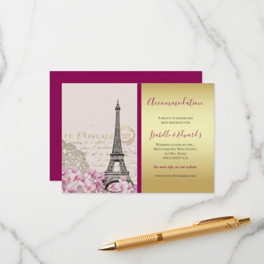 ヴィンテージ エッフェル塔 ピンクの花びら ゴールド バーガンディ エンクロージャーカード (正面/裏面インサイチュ)