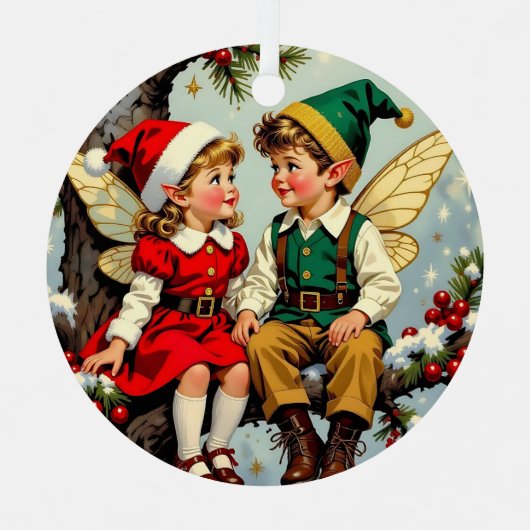 ヴィンテージ エルフの妖精の子供たち クリスマスパーソナライズ メタルオーナメント (正面)