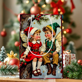 ヴィンテージ エルフの妖精の子供たち クリスマス ミディアムペーパーバッグ