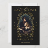 ヴィンテージ エレガンス ゴールド ブラック フラワー フォト ウェディング セーブザデート (正面)