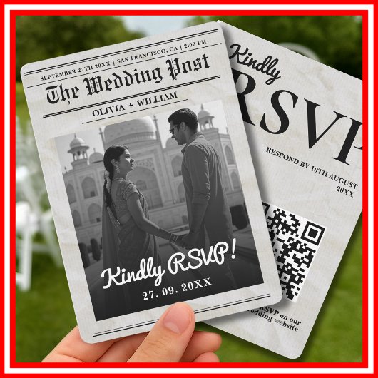 ヴィンテージ エレガントな新聞の結婚式QRコードRSVP 招待状