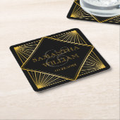 ヴィンテージ・エレガントアールデコ・ブラック・金ゴールド結婚の  スクエアペーパーコースター (アングル)