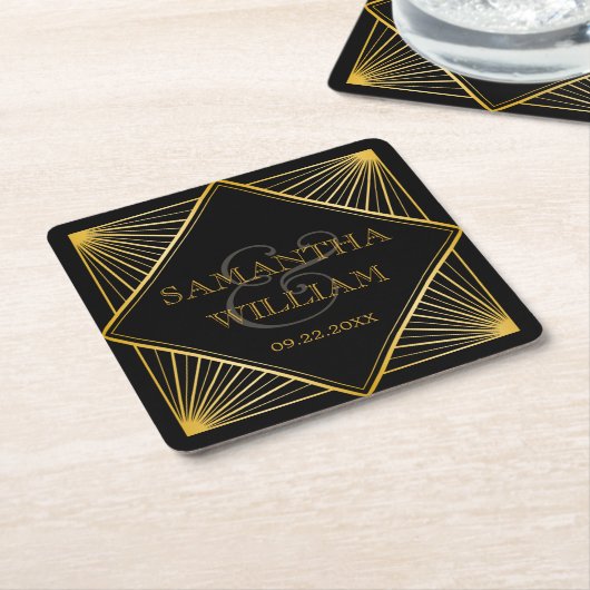 ヴィンテージ・エレガントアールデコ・ブラック・金ゴールド結婚の  スクエアペーパーコースター (アングル)