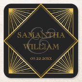 ヴィンテージ・エレガントアールデコ・ブラック・金ゴールド結婚の  スクエアペーパーコースター (正面)