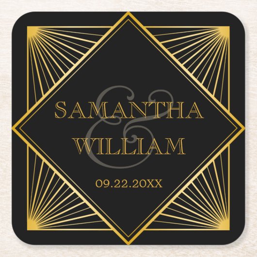 ヴィンテージ・エレガントアールデコ・ブラック・金ゴールド結婚の  スクエアペーパーコースター (正面)