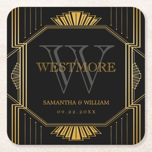 ヴィンテージ・エレガントアールデコ・ブラック・金ゴールド結婚の スクエアペーパーコースター (正面)
