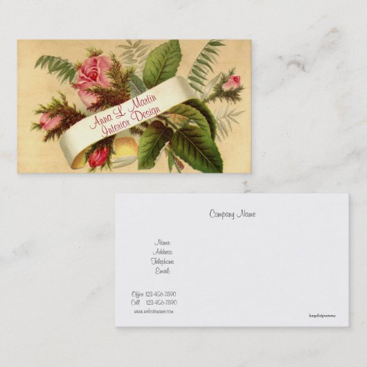 ヴィンテージ、エレガントピンクローズ、国フランスの々 名刺 (正面/裏面)