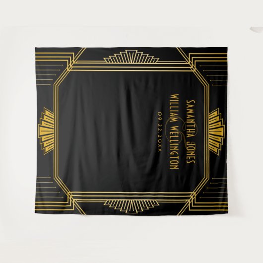 ヴィンテージ エレガント アートデコ ブラック ゴールド ウェディング タペストリー (正面(横))