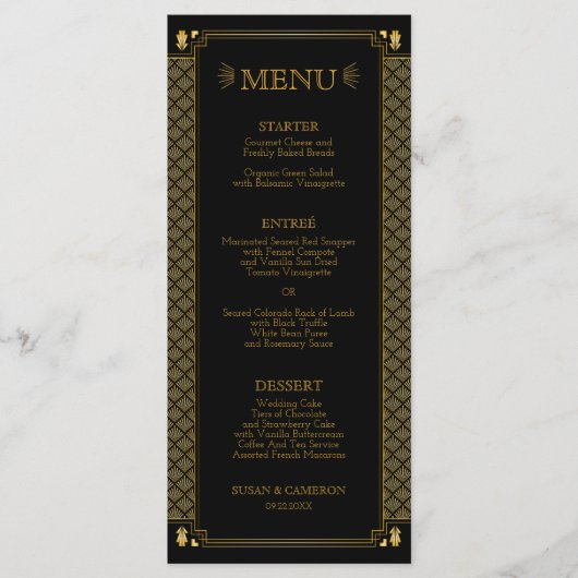 ヴィンテージ エレガント アートデコ ブラック ゴールド ウェディング メニュー (正面)