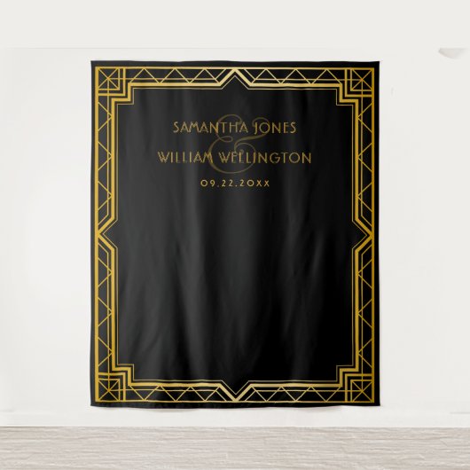 ヴィンテージ エレガント アールデコ ブラック ゴールド ウェディング テペストリー タペストリー (正面)