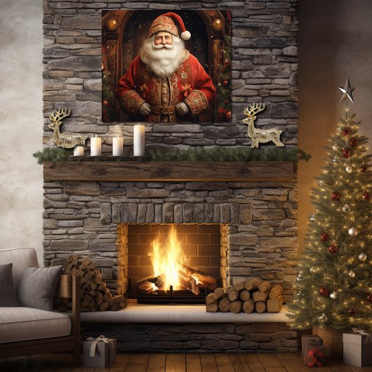 ヴィンテージ エレガント サンタクロース 赤いブロケードのスーツと帽子 ポスター