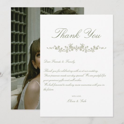 ヴィンテージ エレガント サージュグリーン フレンチ フローラル サンキューカード (正面/裏面)