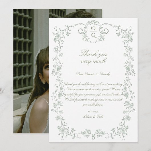 ヴィンテージ エレガント サージュグリーン フレンチ フローラル サンキューカード (正面/裏面)