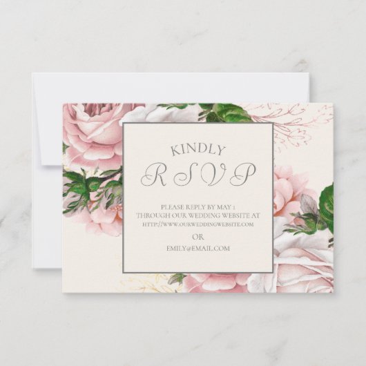 ヴィンテージ エレガント ピンク フラワー クリーム色 結婚式 RSVP (正面)