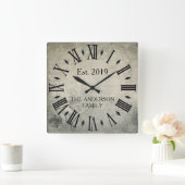 ヴィンテージ エレガント ファミリー ネーム ローマン数字 ラスティック スクエア壁時計 (ホーム)