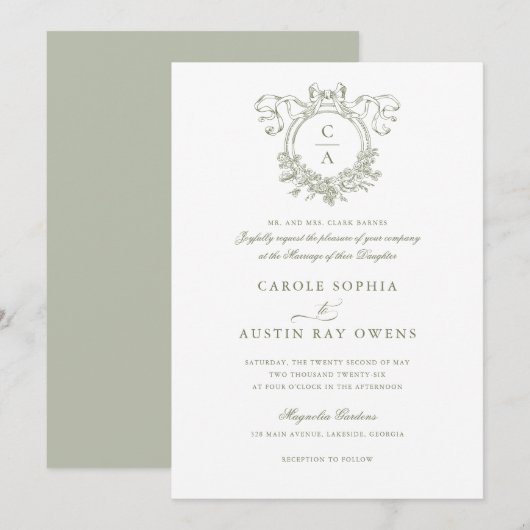 ヴィンテージ エレガント フラワークレスト リボン ウェディング 招待状 (正面/裏面)