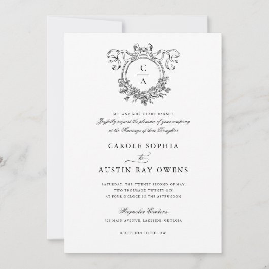 ヴィンテージ エレガント フラワークレスト リボン ボウ ウェディング 招待状 (正面)