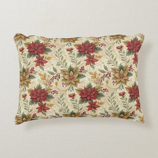 ヴィンテージ エレガント レッド＆ゴールド ポインセチア フラワーズ アクセントクッション (正面)