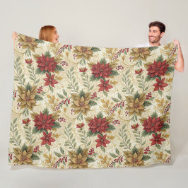 ヴィンテージ エレガント レッド＆ゴールド ポインセチア フラワー フリースブランケット