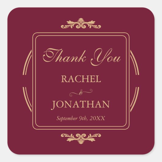 ヴィンテージ エレガント ワインレッドとゴールドの結婚式のお礼 スクエアシール (正面)