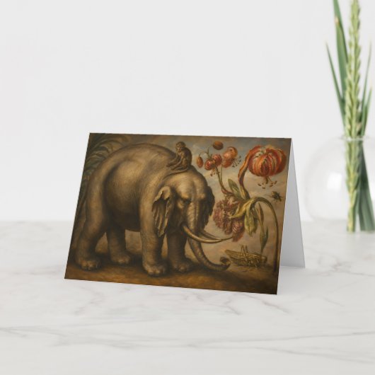 ヴィンテージ エレファントとモンキーの植物油絵 カード (正面)